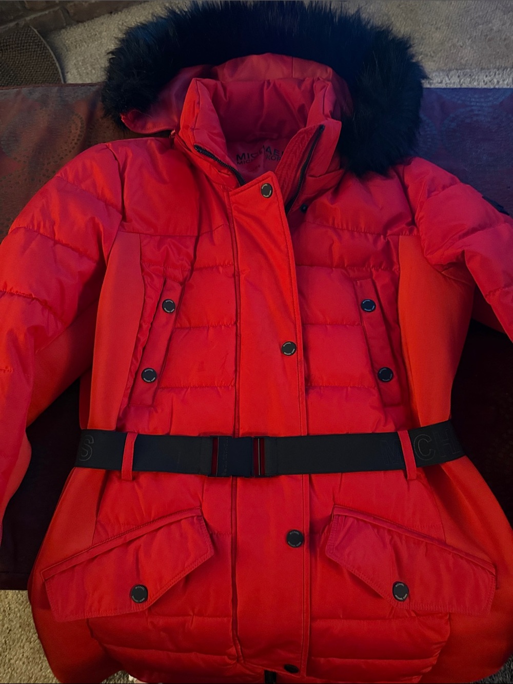 Michael by Michael Kors Bright Red Quilted Puffer with Black Faux Fur Hood